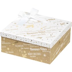 Caja cartón cuadrado kraft/blanco/dorado caliente Bonnes Fêtes 21x21x9 cm