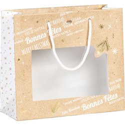 Bolsa papel Bonnes fêtes kraft/blanco/dorado caliente ventana PVC blanco cordones asas ojal 25x10x22 cm