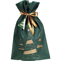 Bolsa polipropileno no tejido verde/cobre árbol de Navidad cinta de raso cobre etiqueta 33x55 cm