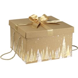 Caja cuadrada cartón kraft árboles de Navidad dorado/blanco Lazo satinado cordón dorado 34x34x20 cm