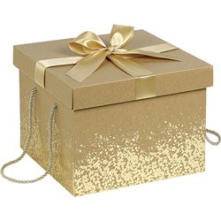 Caja cuadrada cartón kraft Lazo dorado satinado cordón dorado 27x27x20 cm