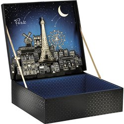 Caja cartón rectangular negro/impresión UV/Paris POP-UP/dorado caliente 34,4x30,9x10 cm