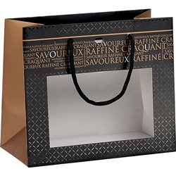Bolsa papel Savoureux negro/cobre ventana PVC asas cuerda ojal 20x10x17 cm