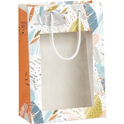 Bolsa papel naranja/frescura ventana PVC blanco cordones asas ojal 20x10x29 cm