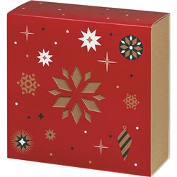 Caja cartón kraft cuadrado funda Bonnes Fêtes rojo entregados plano dimensiones int. 21x21x9 cm