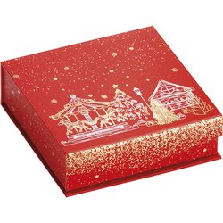 Caja cartón cuadrado chocolates 3 hileras rojo/dorado caliente cierre magnético Bonnes fêtes 10,8x10,8x3,3 cm
