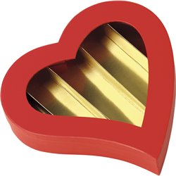 Caja cartón forma de corazón chocolates 5 hileras rojo/dorado 18x18x3,3 cm