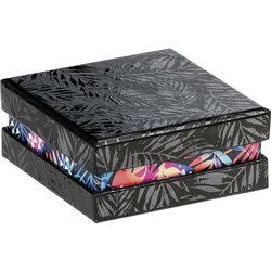 Caja cartón cuadrado chocolates negro/impresión UV/tropical 7,5x7,5x3,3 cm