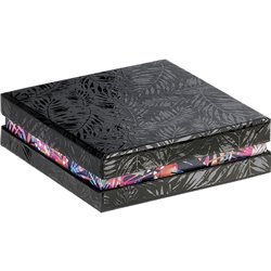 Caja cartón cuadrado chocolates 3 hileras negro/impresión UV/tropical 10,8x10,8x3,3 cm