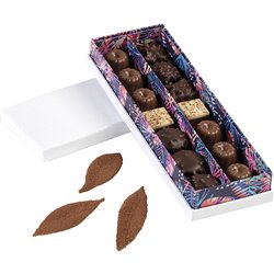 Caja cartón rectangular chocolates 2 hileras blanco/impresión UV/tropical 23x7,5x3,3 cm