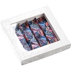 Caja cartón rectangular chocolates 4 hileras blanco/impresión UV/tropical ventana PVC 17,6x17,3x2,6 cm