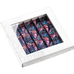 Caja cartón rectangular chocolates 5 hileras blanco/impresión UV/tropical ventana PVC 20,9x20,5x2,6 cm
