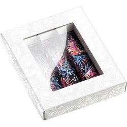 Caja cartón rectangular chocolates 3 hileras blanco/impresión UV/tropical ventana PVC 16x13,6x2,6 cm