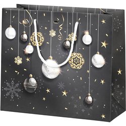Bolsa papel Bonnes fêtes negro/dorado/bola de Navidad blanco cordones asas ojal 25x10x22 cm