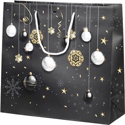 Bolsa papel Bonnes fêtes negro/dorado/bola de Navidad blanco cordones asas ojal 35x13x33 cm