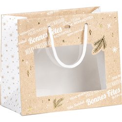 Bolsa papel Bonnes fêtes kraft/blanco/dorado caliente ventana PVC blanco cordones asas ojal 20x10x17 cm