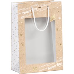 Bolsa papel Bonnes fêtes kraft/blanco/dorado caliente ventana PVC blanco cordones asas ojal 20x10x29 cm