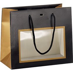 Bolsa papel cobre/negro impresión UV ventana PVC mangos de cuerda ojal cierre 20x10x17 cm
