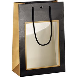 Bolsa papel cobre/negro impresión UV ventana PVC mangos de cuerda ojal de cierre 20x10x29 cm