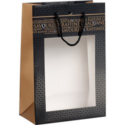 Bolsa papel Savoureux negro/cobre ventana PVC asas cuerda ojal 20x10x29 cm