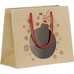 Bolsa papel kraft rojo adorno navideño PVC ventana asas cordón rojo ojal 20x10x17 cm