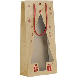 Bolsa papel kraft rojo 2 botellas forma árbol de navidad ventana de PVC asas cordón rojo ojal 18x9x39 cm