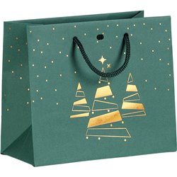 Bolsa papel verde/estampación en caliente cobre Bonnes Fêtes árbol de Navidad cordón verde ojal 35x13x33 cm