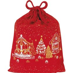 Bolsa algodón Bonnes fêtes rojo chalets lazos en cuerda 15x20 cm