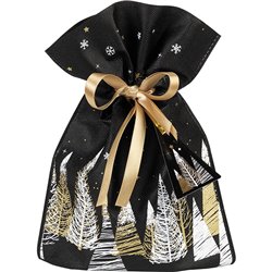 Bolsa de regalo de Navidad polipropileno no tejido Árbol de Navidad negro/blanco/dorado cinta de raso dorado 20x30cm