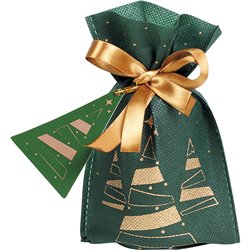 Bolsa polipropileno no tejido verde/cobre árbol de Navidad cinta de raso cobre etiqueta 12x20,5 cm