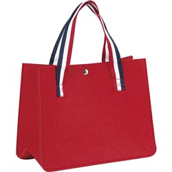 Bolsa de fieltro color rojo con 2 asas azul/blanco/rojo y cierre con botón presión 35x18x27 cm