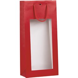 Bolsa papel 2 botellas rojo ventana PVC asas cordón ojal separación 18x9x39 cm