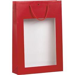 Bolsa papel 3 botellas rojo ventana PVC asas cordón ojal separación 27x9x39 cm